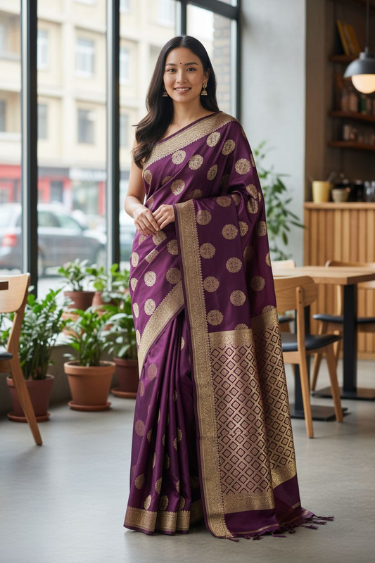 Woman wearing a purple MOHA saree with gold patterns