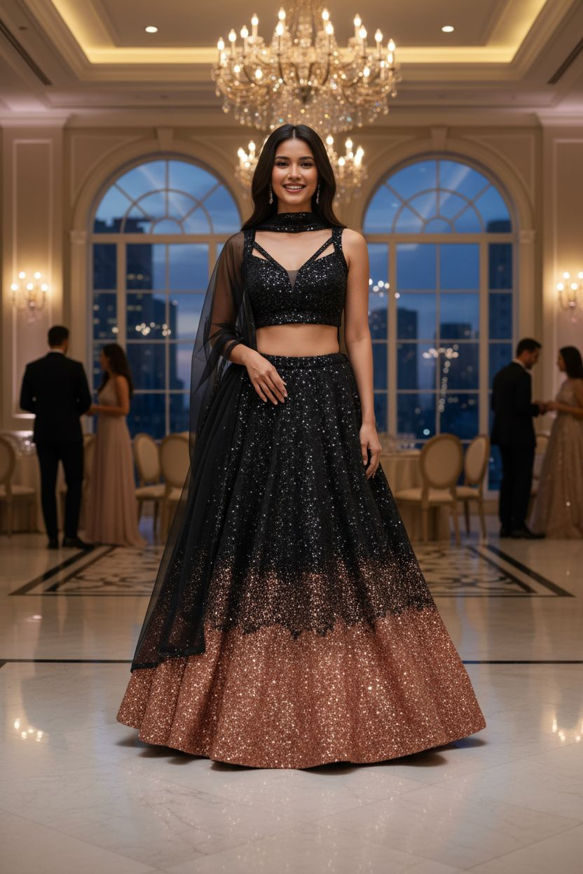 Woman in a black and gold sequence MOHA Lehenga