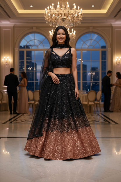 Woman in a black and gold sequence MOHA Lehenga