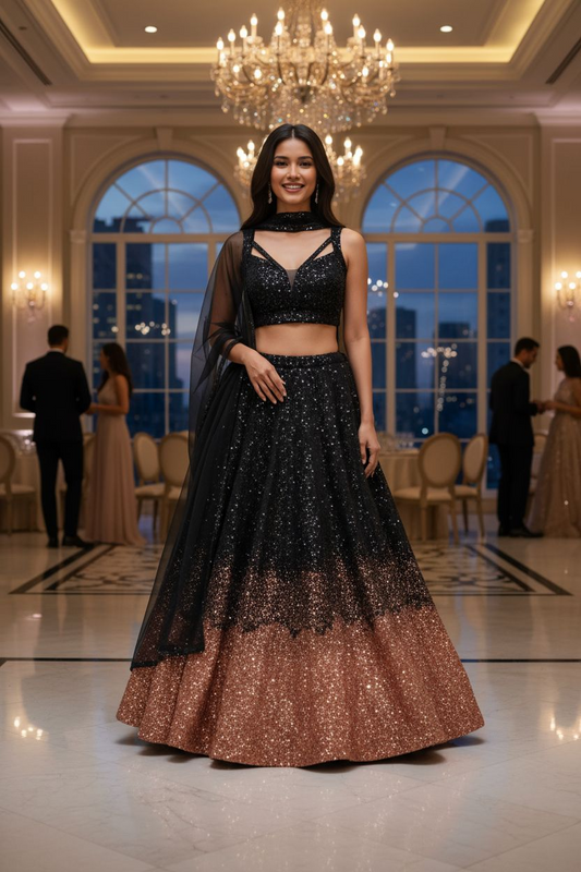 Woman in a black and gold sequence MOHA Lehenga