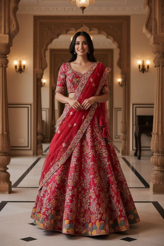 Woman in a red floral MOHA Lehenga