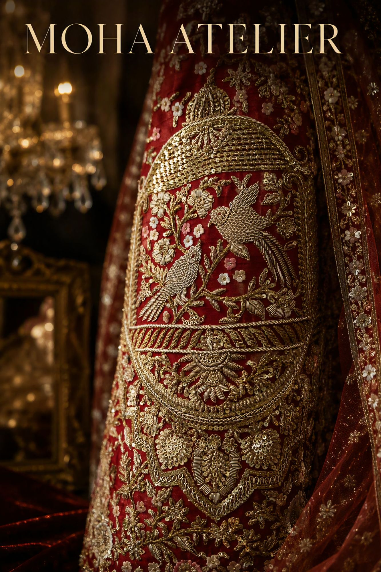 Close-up embroidery detail work on bridal Lehenga